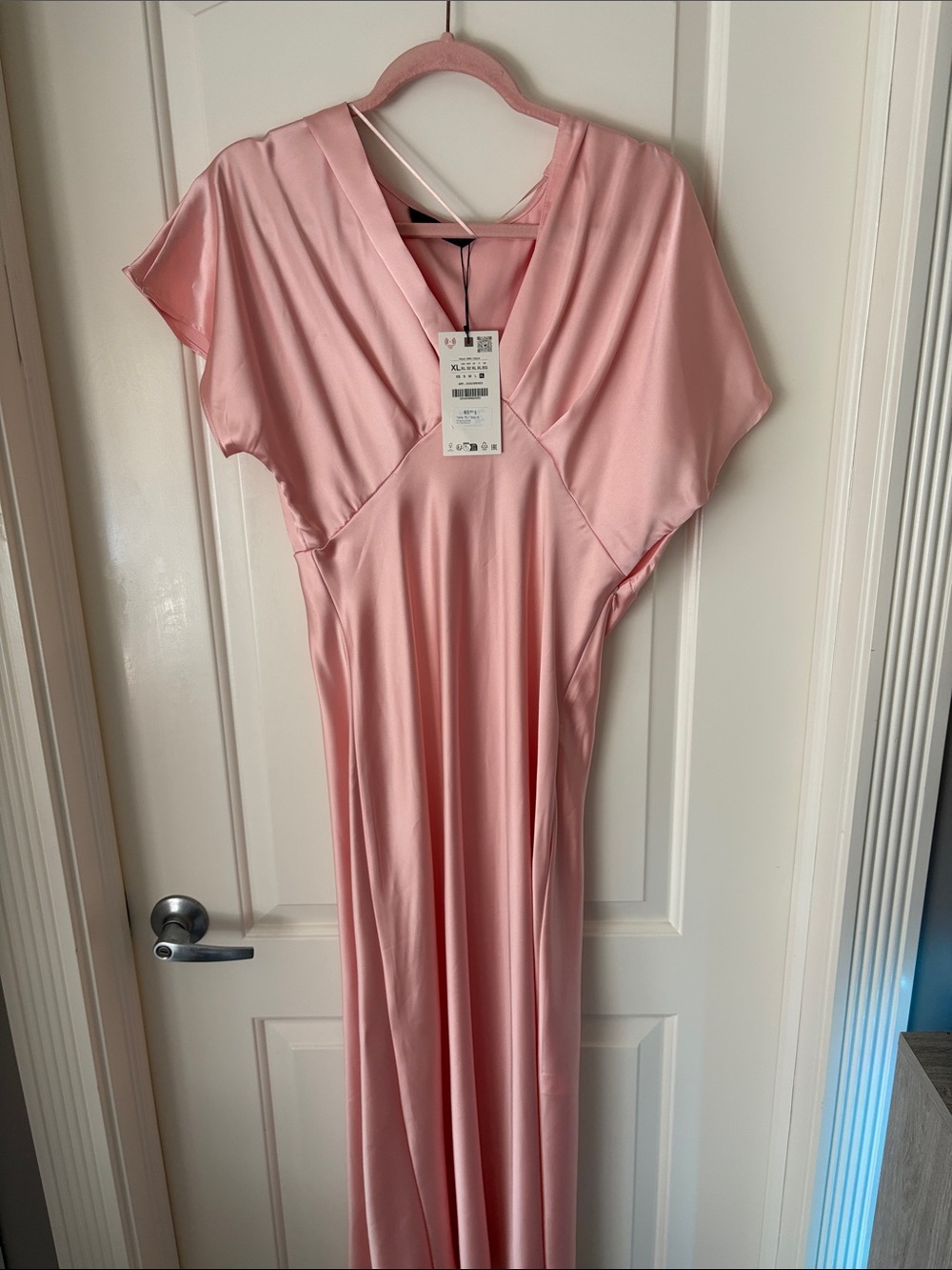 Zara Blush Pink Satin V-Neck Maxi Dress